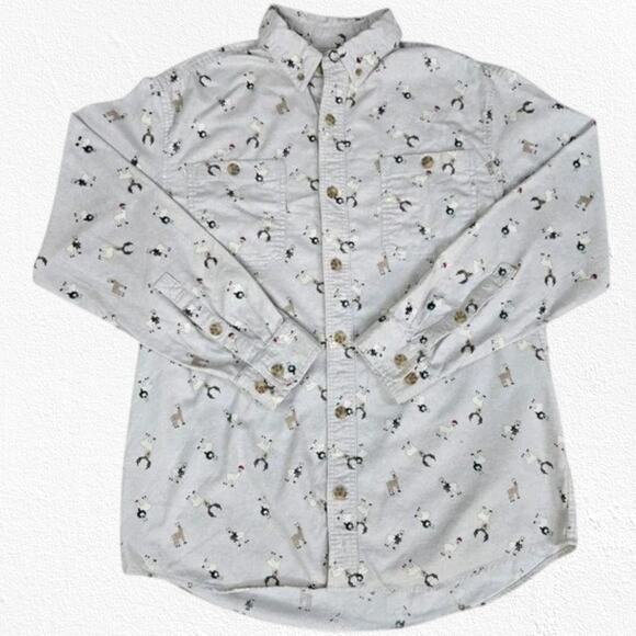 Duluth Light Gray Llama Alpaca Print Christmas Casual Button Down Size Medium - Picture 1 of 10